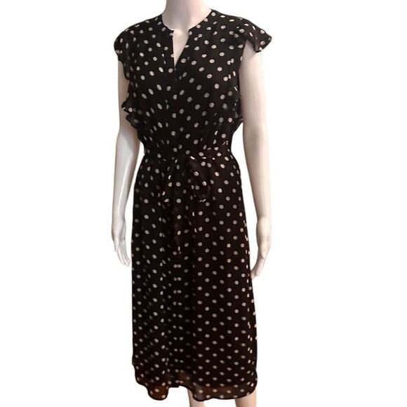 Who What Wear Polka Dot Flowy Belted Flutter Sleeve Midi Dress Sz M Black White - Picture 13 of 14